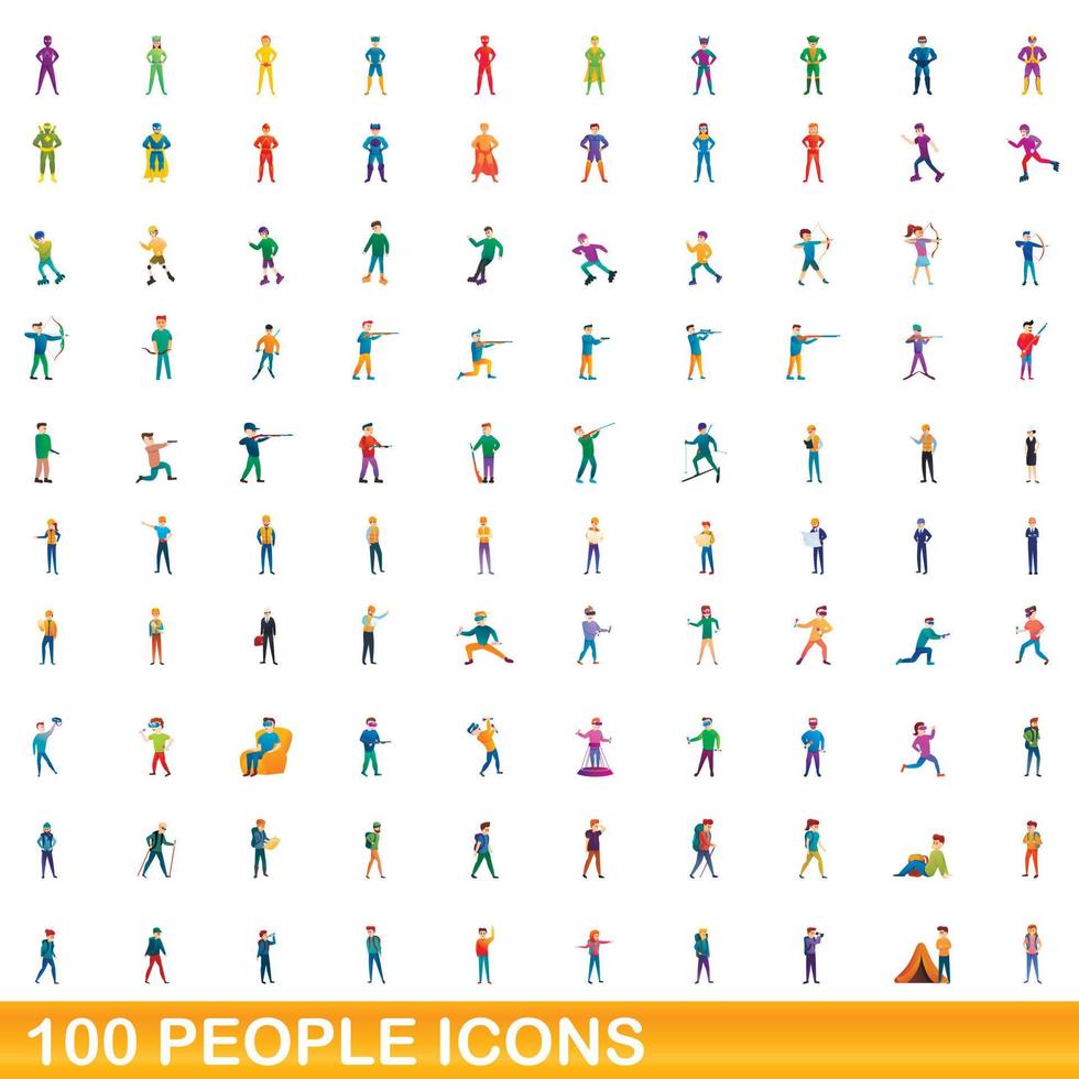 100 people icons set, cartoon style vector