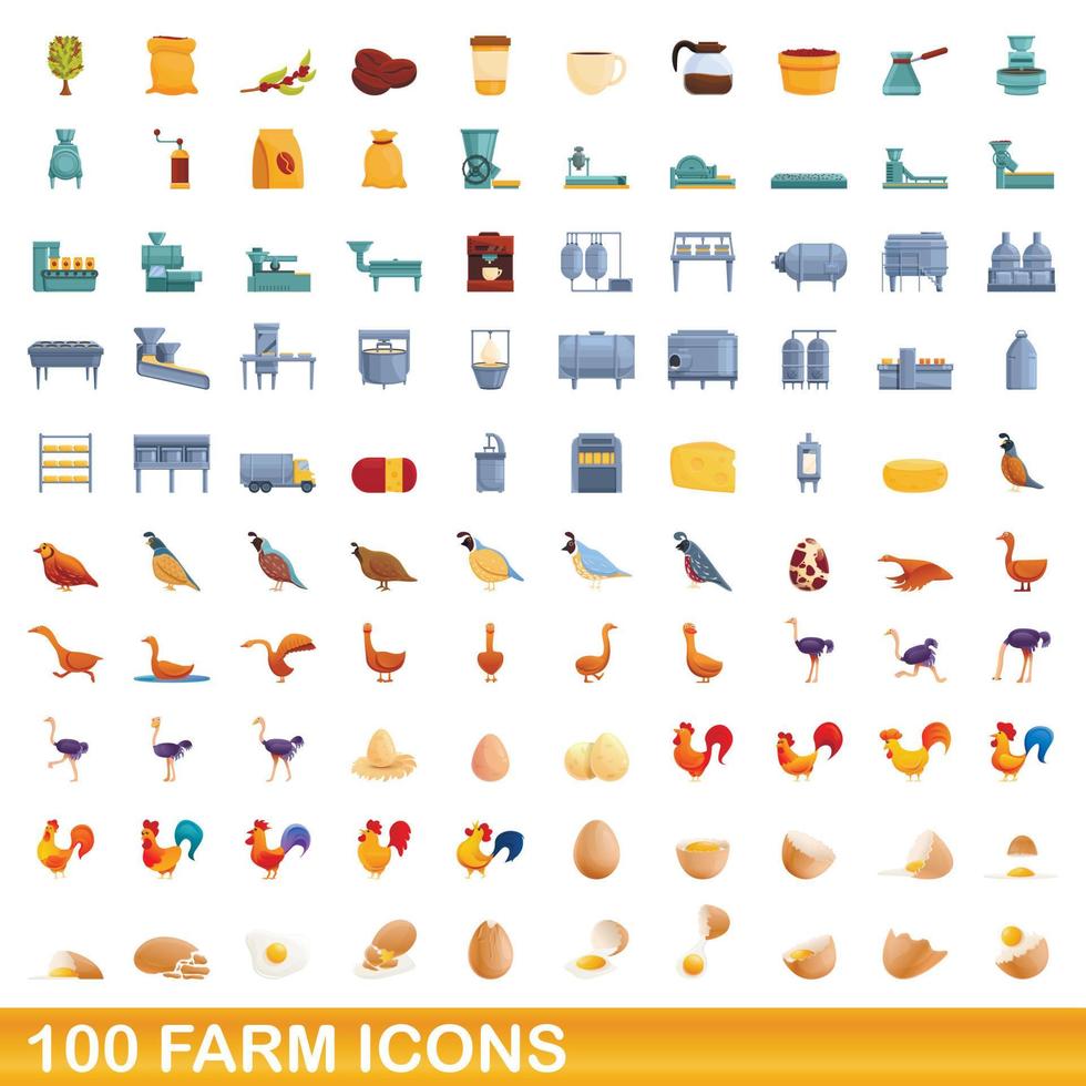 100 farm icons set, cartoon style vector