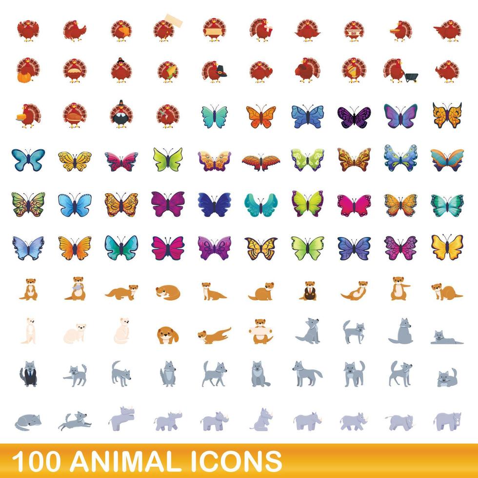 100 animales, conjunto de iconos de estilo de dibujos animados vector