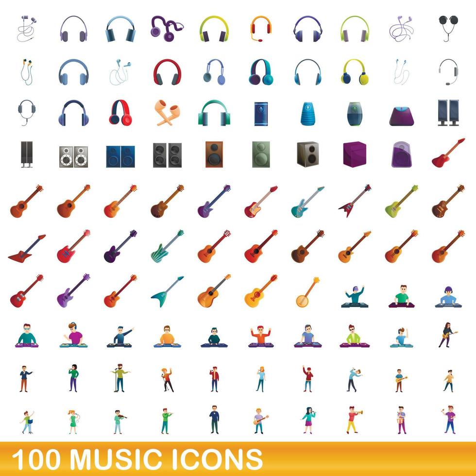 100 iconos de música, estilo de dibujos animados vector