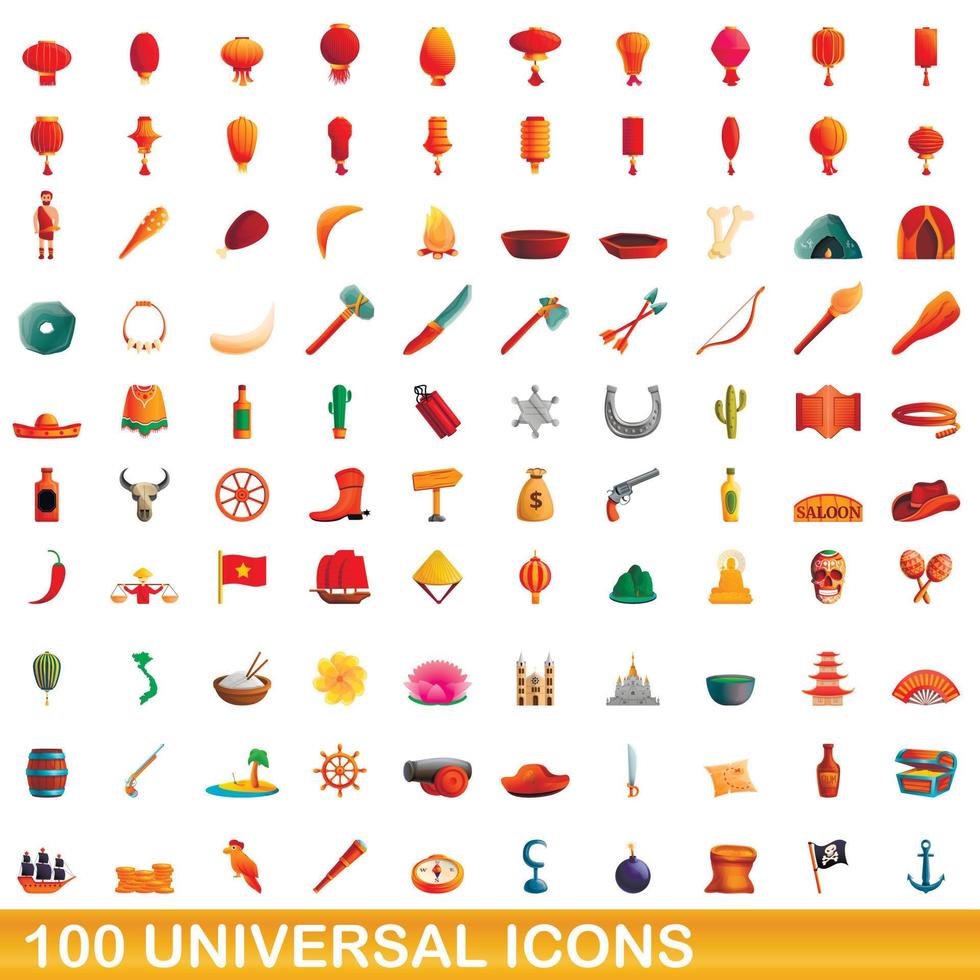 100 universal icons set, cartoon style vector