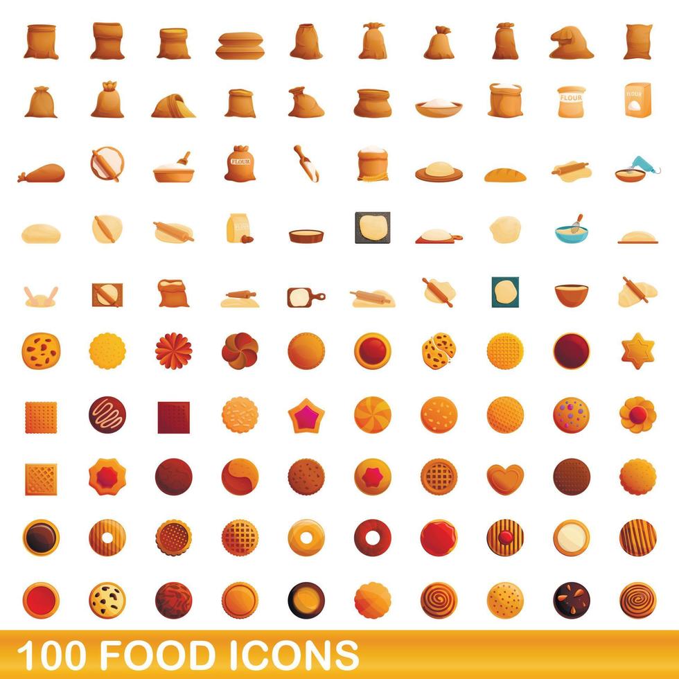 100 food icons set, cartoon style vector