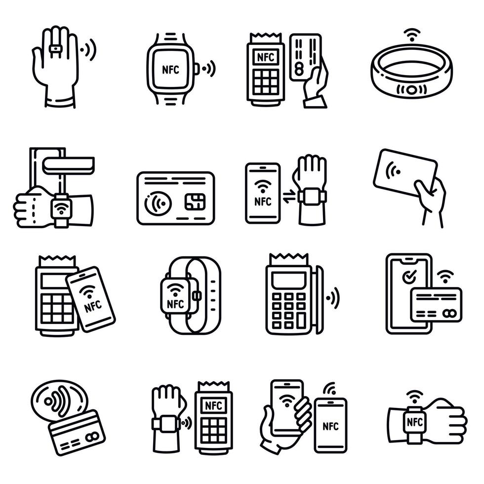 Conjunto de iconos de tecnología nfc, estilo de esquema vector