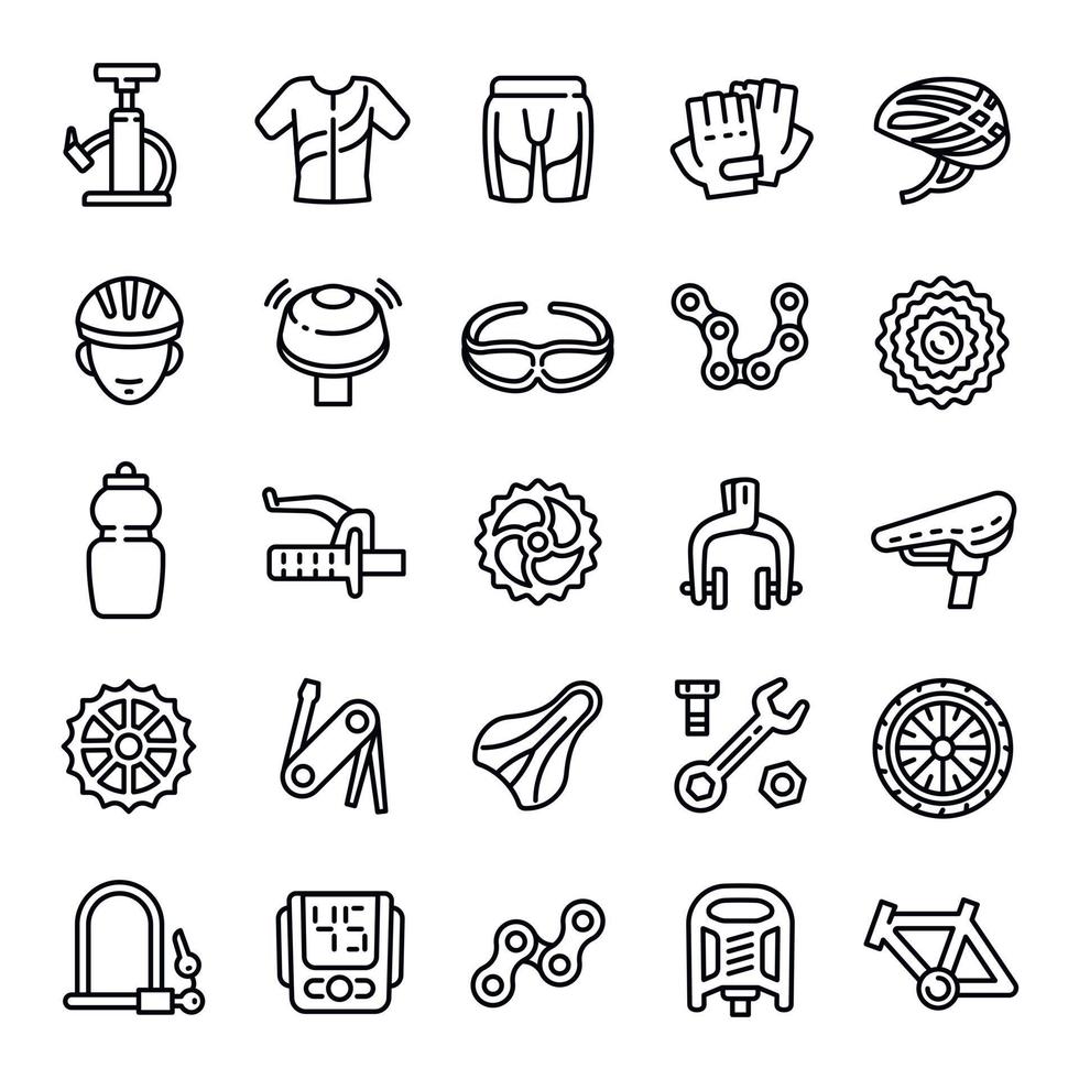 Cycling equipment icons set, outline style vector