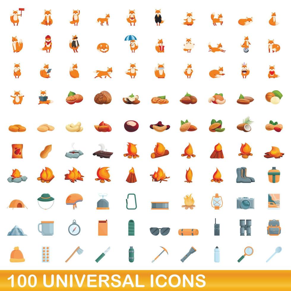 100 iconos universales, estilo de dibujos animados vector