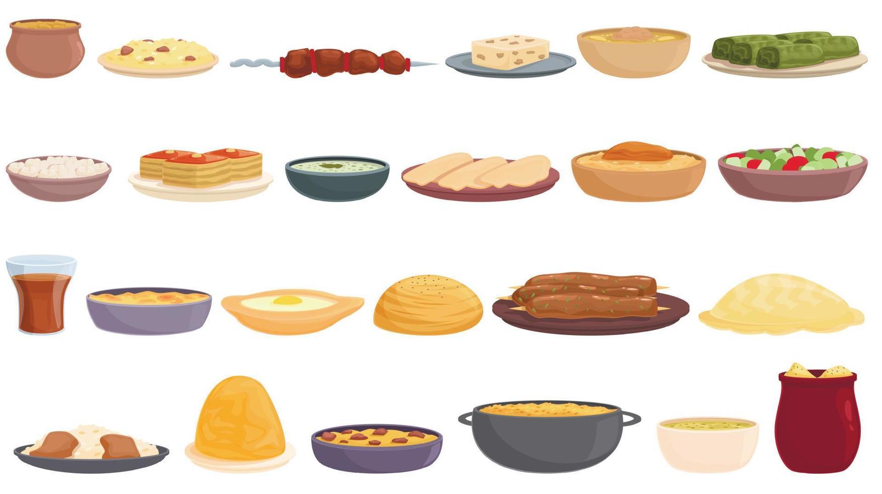 Azerbaijan cuisine icons set cartoon vector. Baku baklava vector