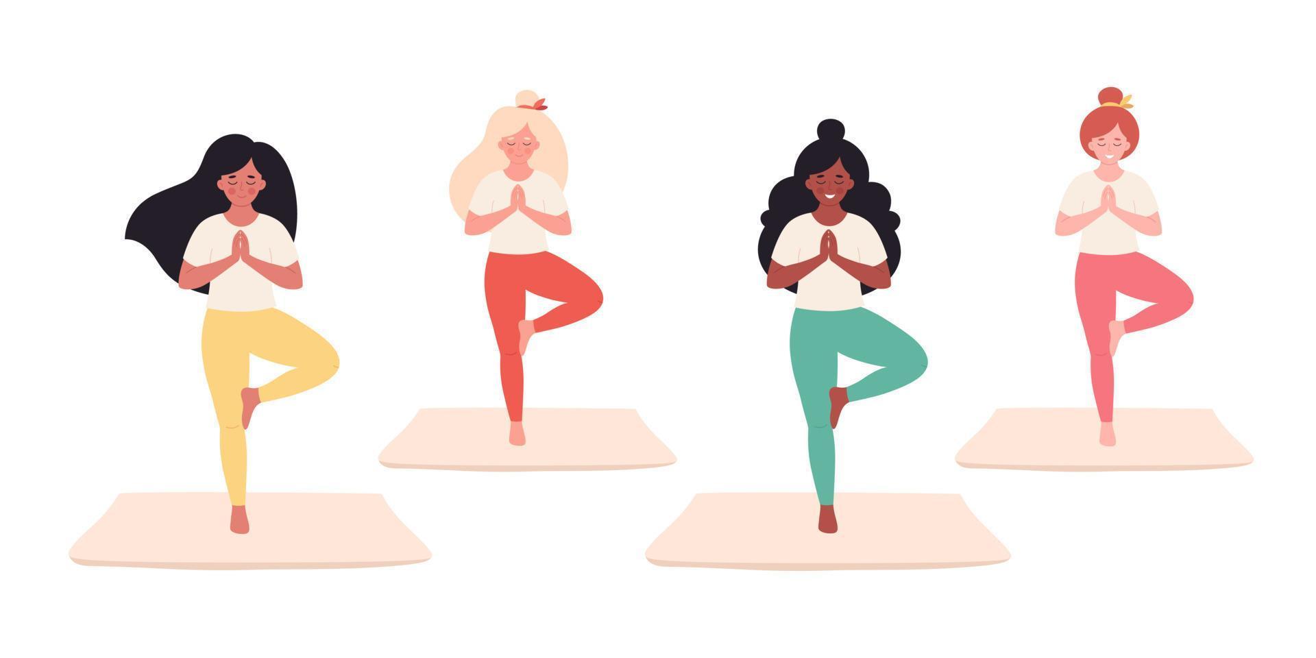 mujeres haciendo yoga. estilo de vida saludable, autocuidado, yoga, meditación. estudio de yoga, clase de yoga. vector