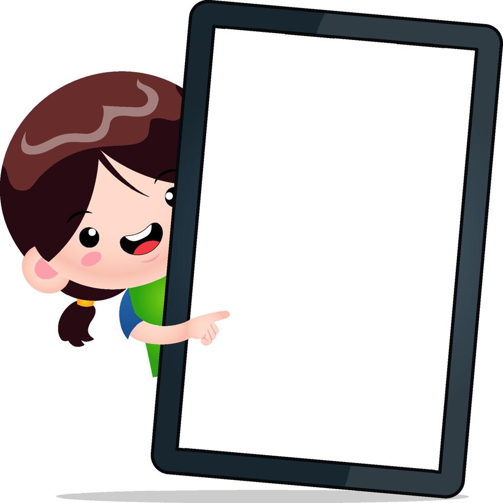 Cute Girl Peeking Behind Blank Phone Tablet vector