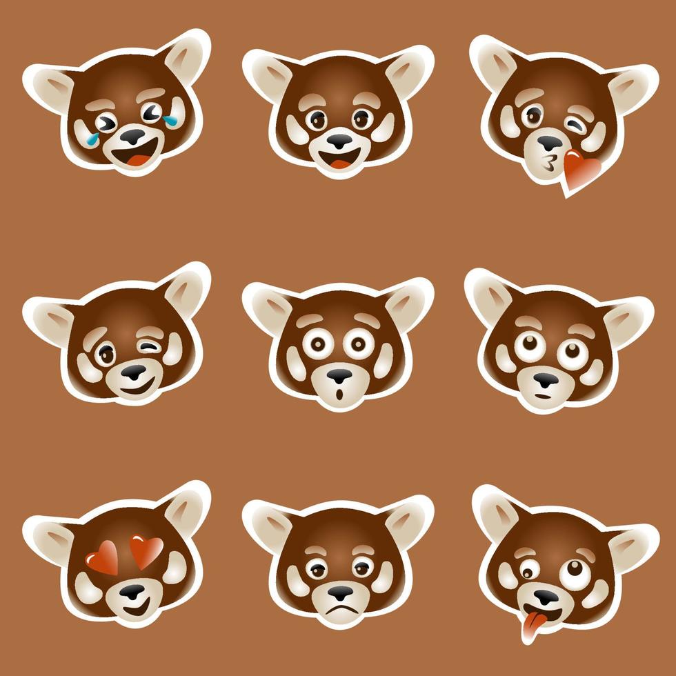 set of 9 vector emoji with red panda face , colored