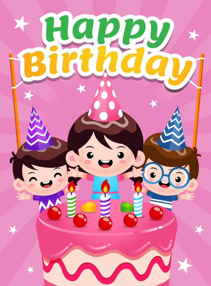 cartel de tres niños celebrando feliz cumpleaños vector