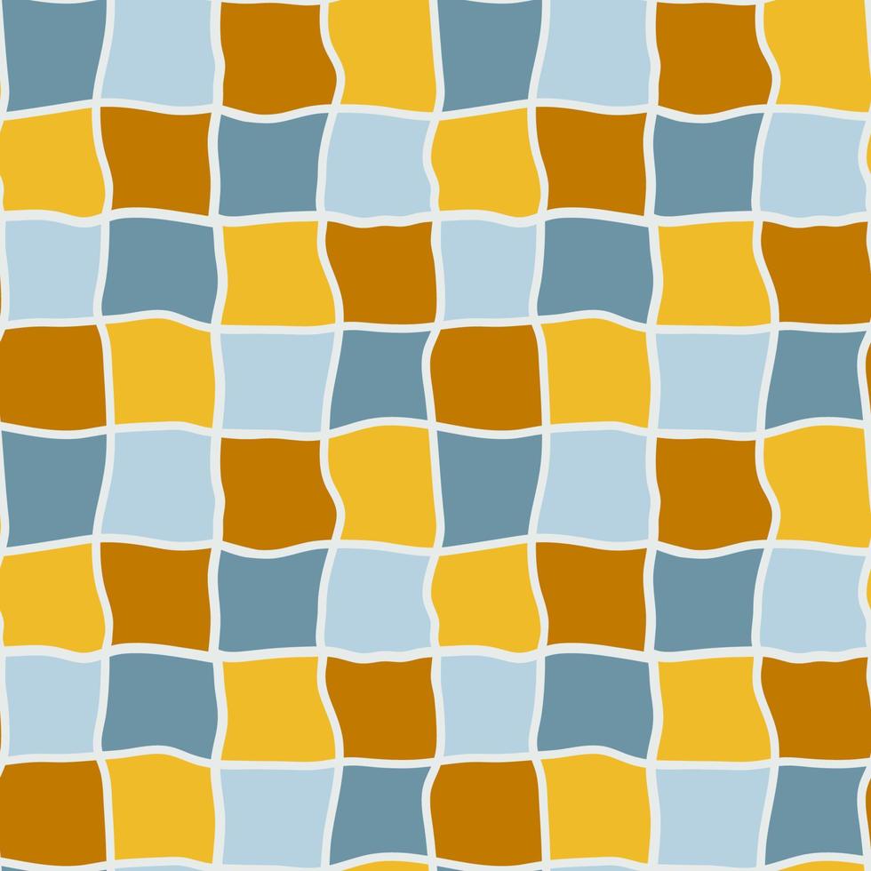 Seamless mosaic pattern with wavy earth colors checkery. Ethnic modern squares background. Geometric seamless texture with yellow blue parts. Checkered vector illustration.