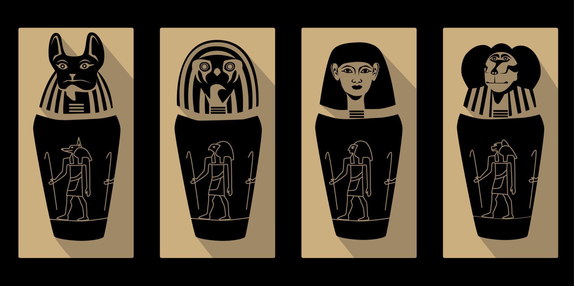 Canopic jars ancient egyptian elements using for mummification. contrast vector illustration.