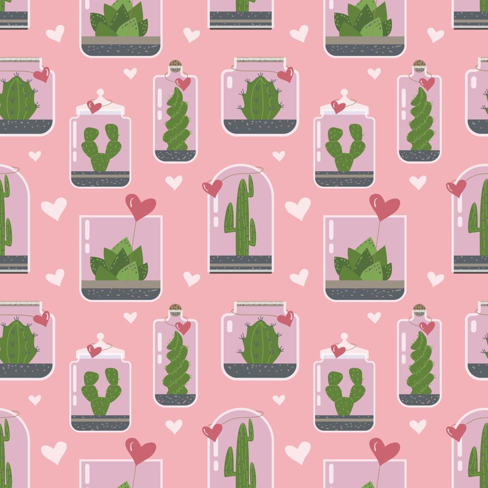 plantas de terrario de patrones sin fisuras. florario suculento de cactus en jarrón de vidrio con tarjeta de regalo de corazón, lindos terrarios con plantas exóticas, cactus en la botella para la ilustración de vector de plantas verdes presentes