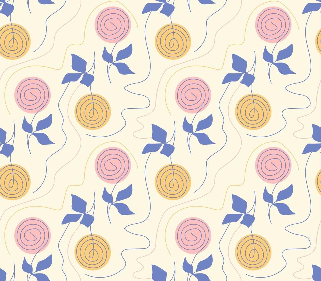 patrón sin costuras con líneas, hojas y flores de rosa en espiral abstractas. azul rosa amarillo mínimo dibujado a mano flores lindo fondo pastel para ilustración vectorial textil vector