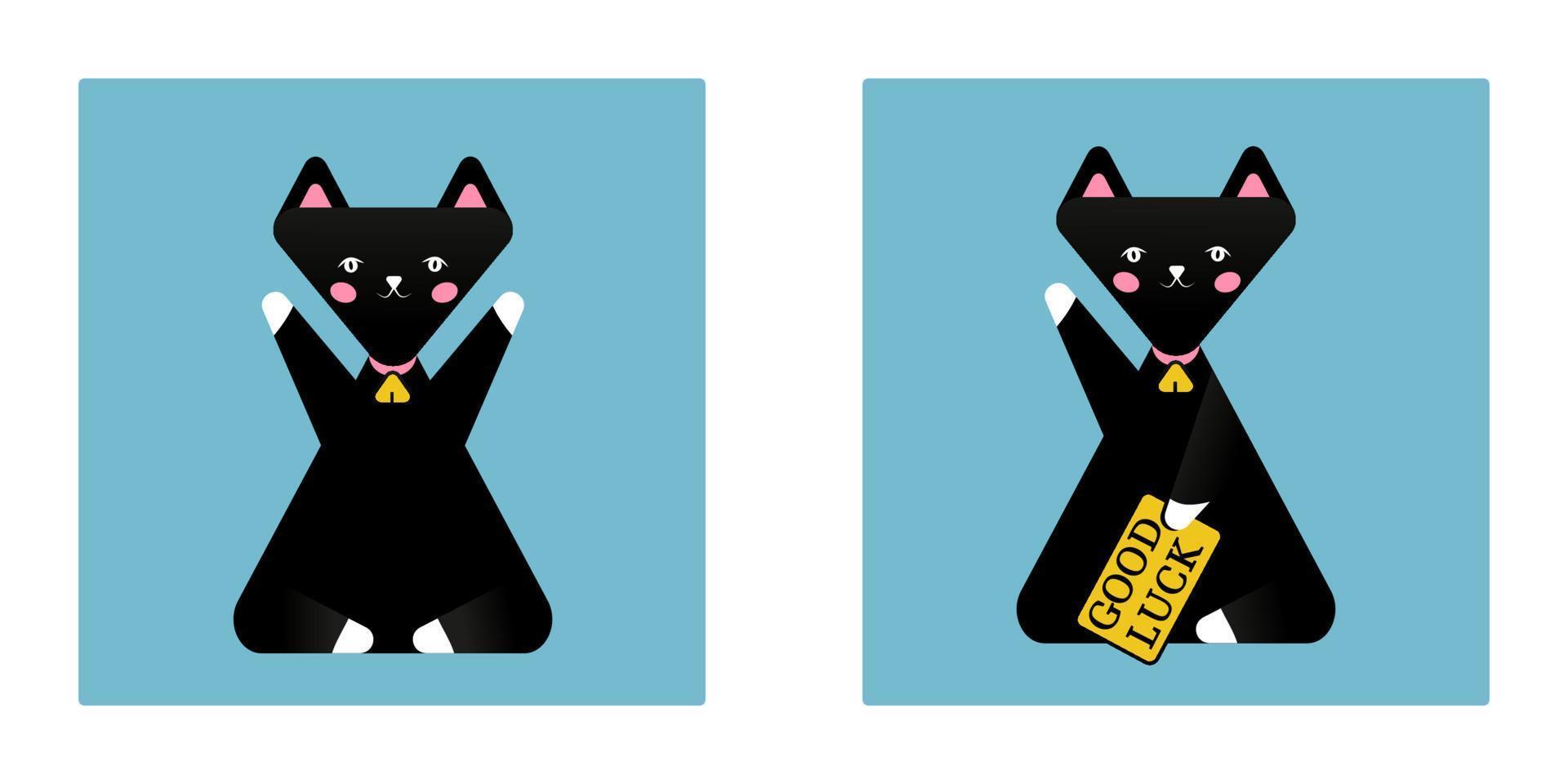 Good luck japan symbol maneki neko black cat icon, cute hands up sitting cat japanese style vector illustration