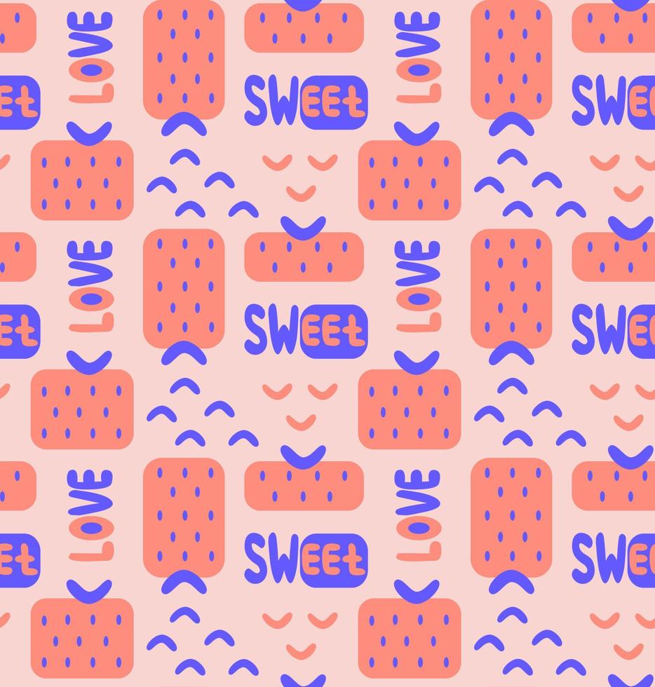 Abstract minimal memphis style seamless pattern with geometric shape strawberry, blue arcs, sweet and love hand drawn text, modern background vector illustration