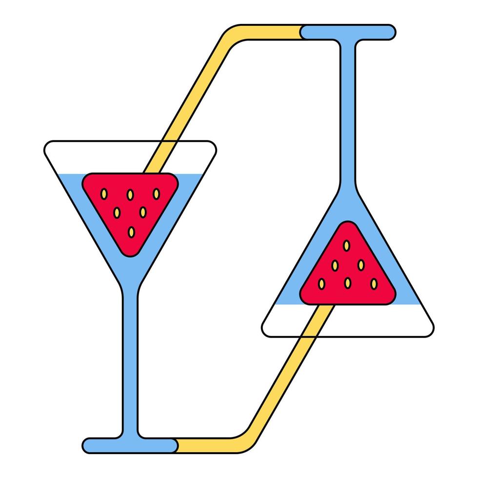 Cocktail glass with strawberry and tube. All are in triangular shape with rounded edges, vector icon of two mirrored glasses