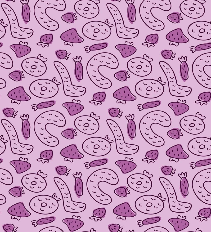 Purple tones doodle seamless pattern with word cool and different shaped strawberries vector illustration