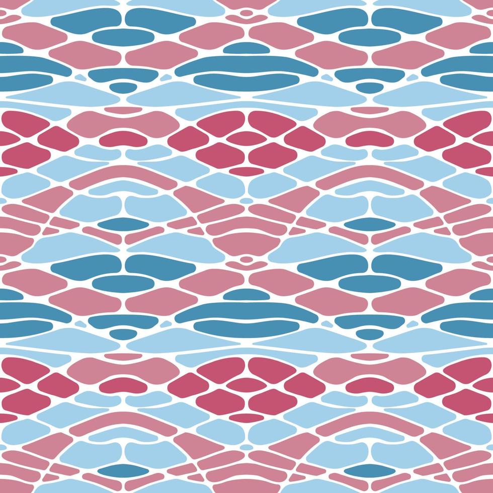 Psychedelic cells seamless abstract pattern in blue red colors, abstract wavy organic shapes, arcs, stones vector background textile cover illustration