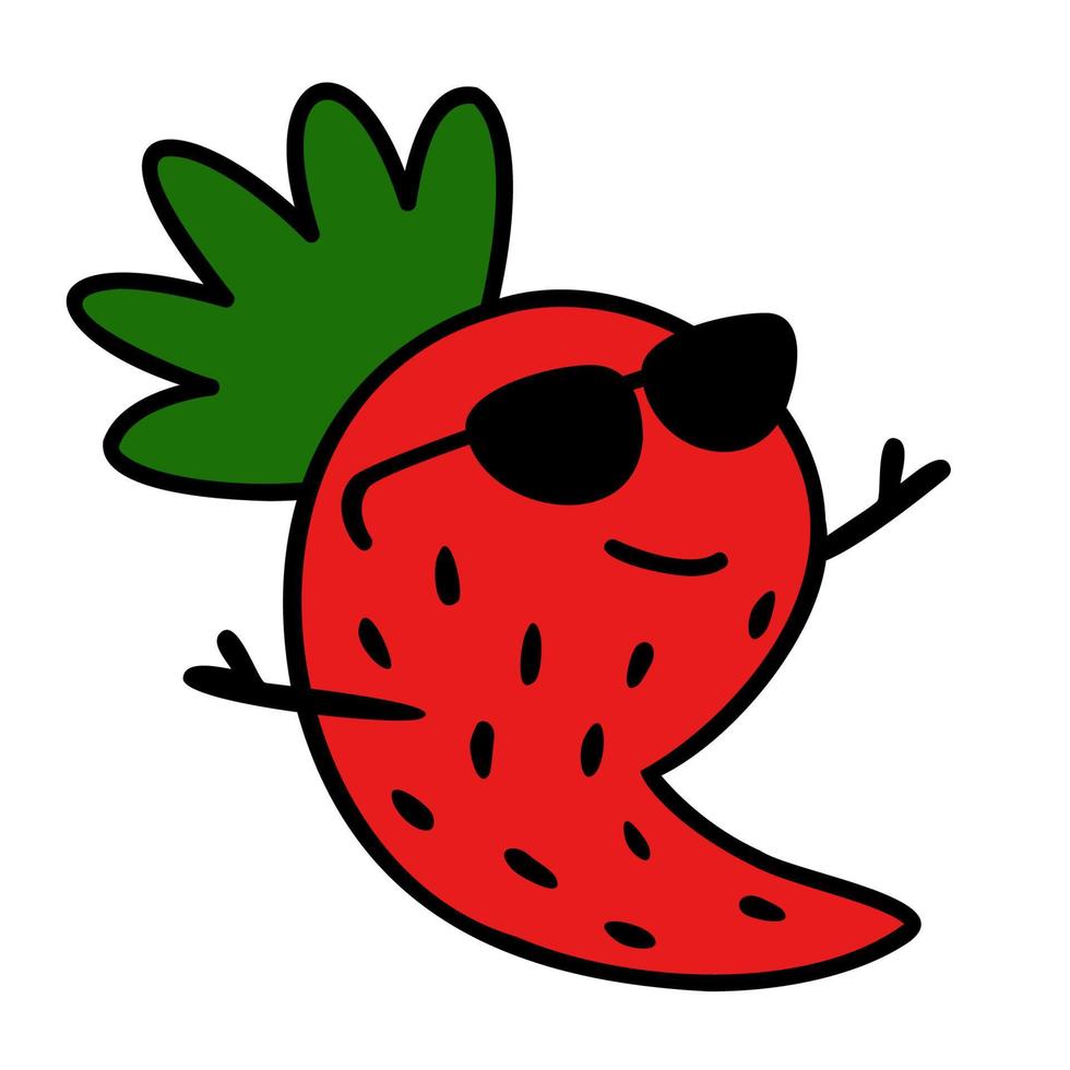 Funny strawberry fruit mascot or character wearing sunglasses with raised hands showing peace sign vector illustration