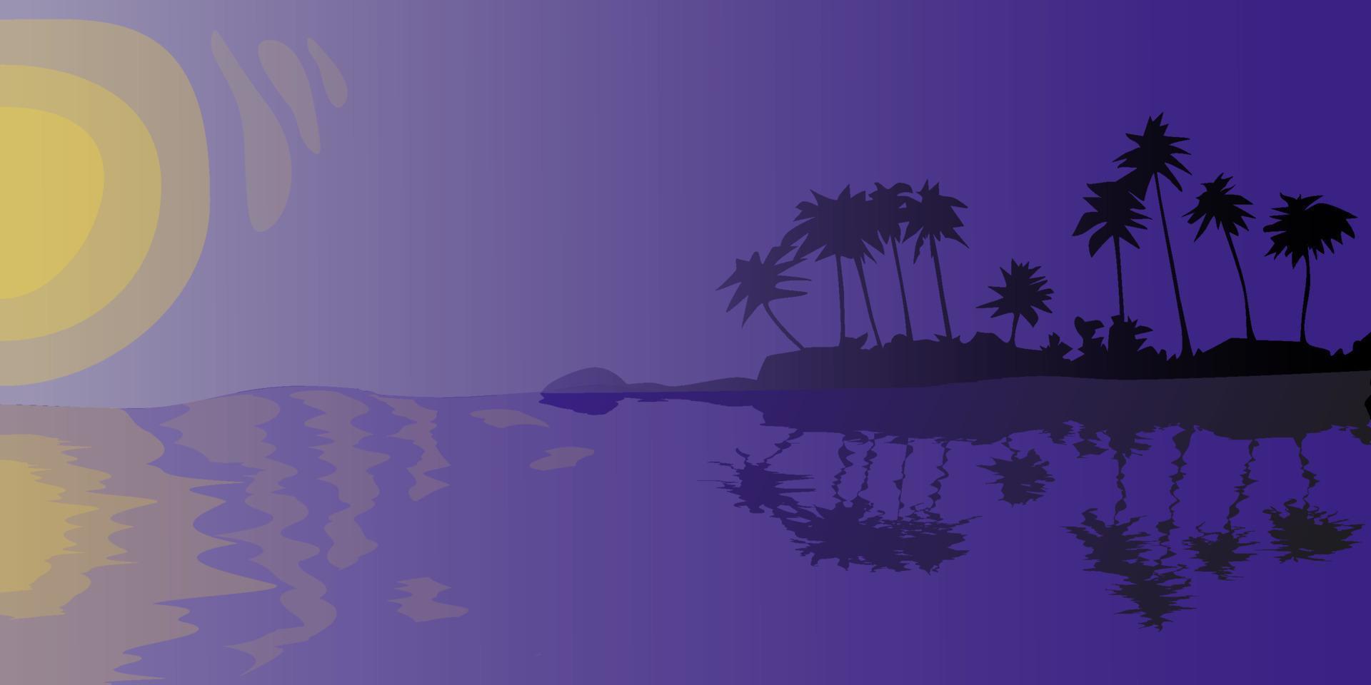 puesta de sol o amanecer en la isla tropical fondo abstracto de siluetas de palmeras nocturnas a orillas del mar con ilustración vectorial de reflexión vector