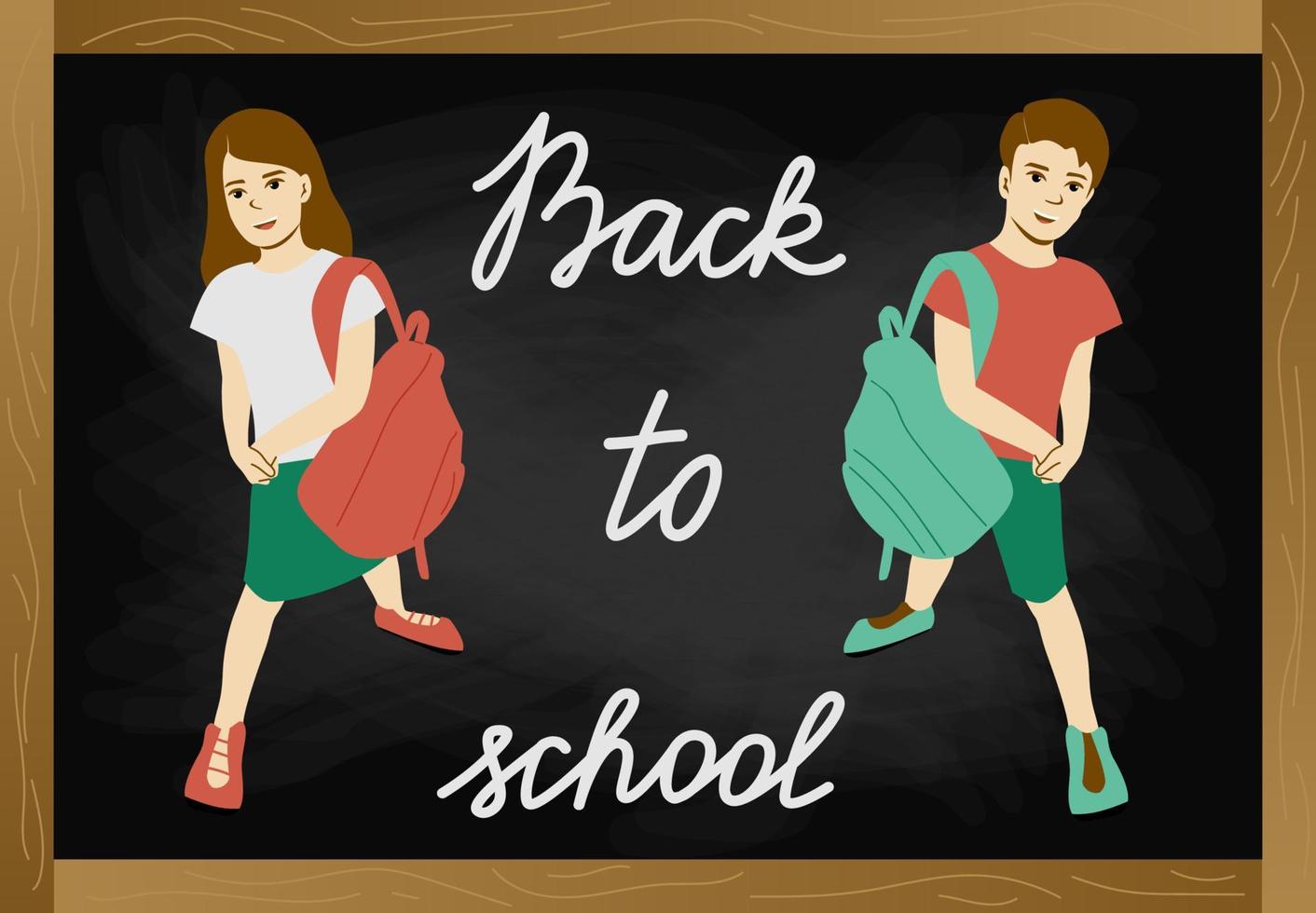volver a la pizarra de la escuela con texto, dos escolares niña y niño con mochilas escolares en la ilustración de vector de fondo de pizarra.