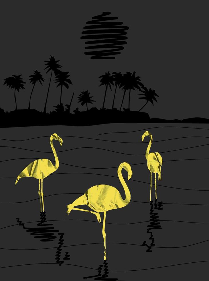 flamingo birds gold paper silhouettes standing in water in the night abstract landscape with black moon and palms seaside vector illustration