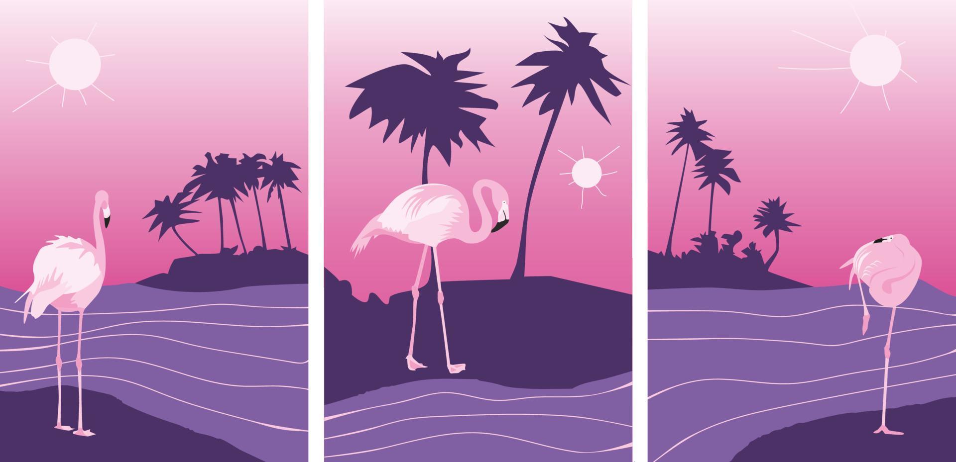 Summer posters set with pink flamingo on abstract tropical purple background of palm tree island sea sky and sun vector illustration