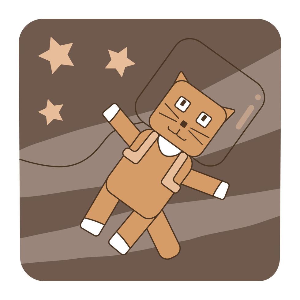 Cute cat in space suit fly in cosmos space. Astronaut flying among the stars, kids card, poster, icon, avatar, creamy colors vector illustration