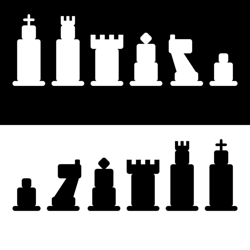 Set of white and black chess pieces stylized from rounded rectangles on white and black background. Vector illustration