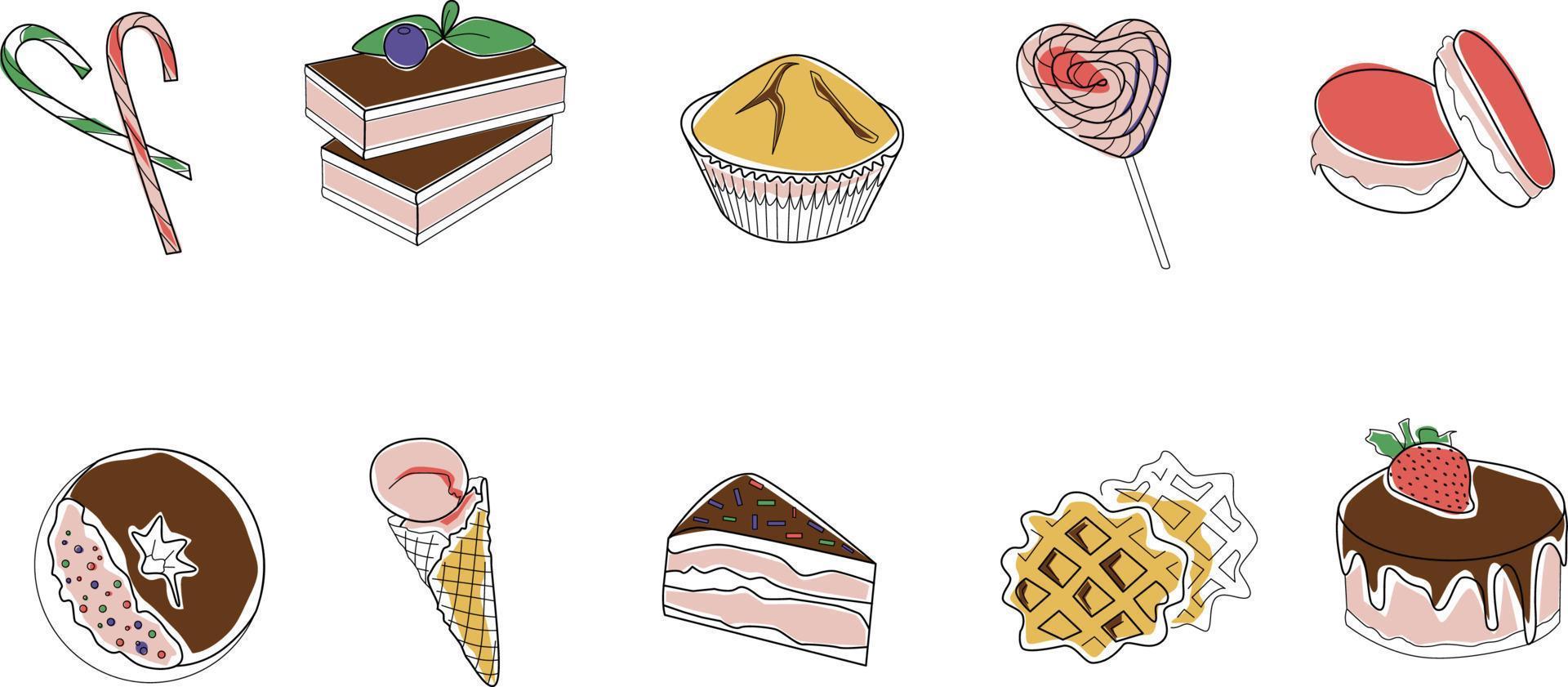 Color hand drawn illustration. Set of bakery and sweets wirh outline vector illustration