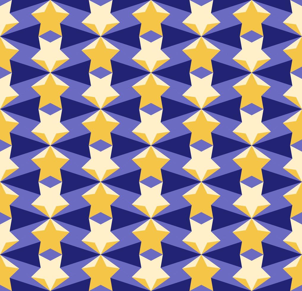 Abstract geometric seamless pattern with yellow stars and blue polygons fractal background rhomb fret motif vector illustration