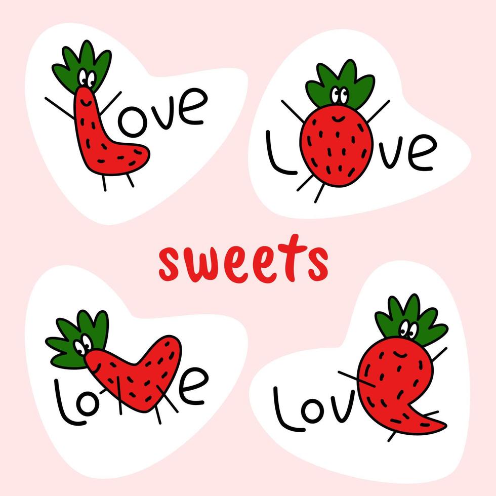 Love text stickers with one strawberry mascote letter in each word. Design elements for love items cards, strawberry food and drinks vector illustration