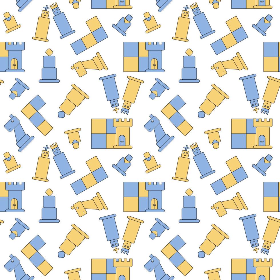 seamless pattern with blue and yellow stylized chess pieces and cells of chess battlefield vector background