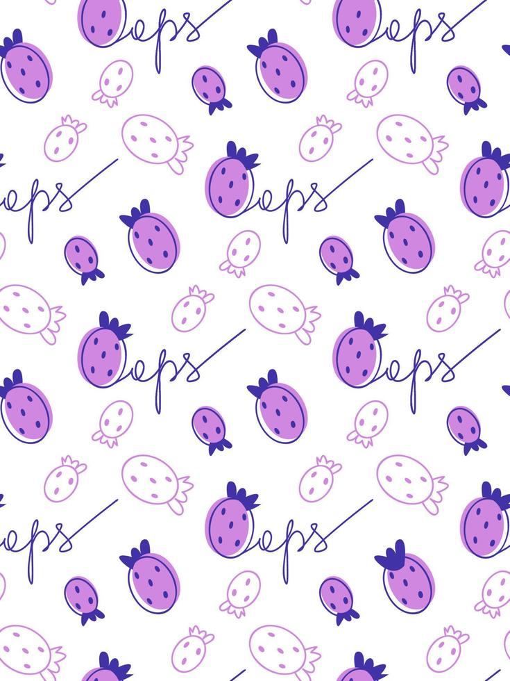 Doodle purple seamless pattern with strawberry spots and outline oops lettering. Strawberry fruit stylized for textile, cover, background, menu vector illustration