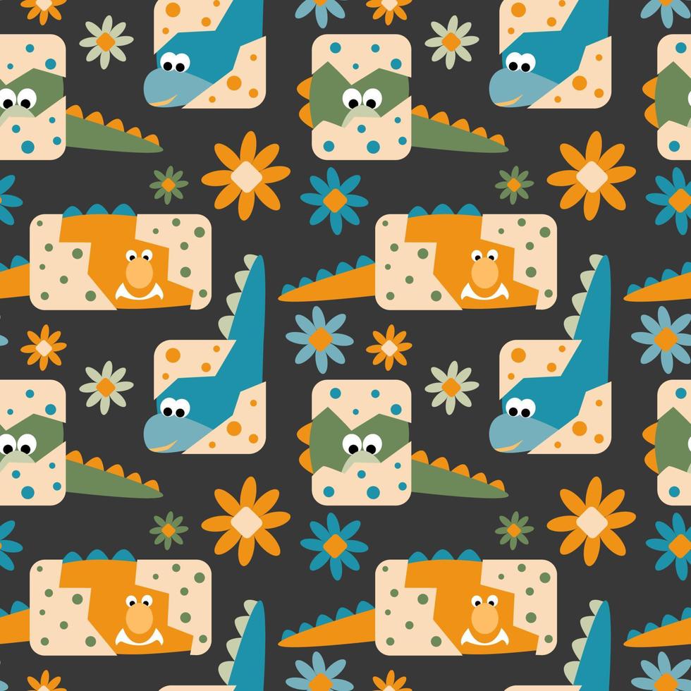 Seamless pattern with a cute little dino hatching from the eggs with polka dot eggshell and flowers, kids dark background for covers, wrapping paper, childrens fabric textile vector illustration