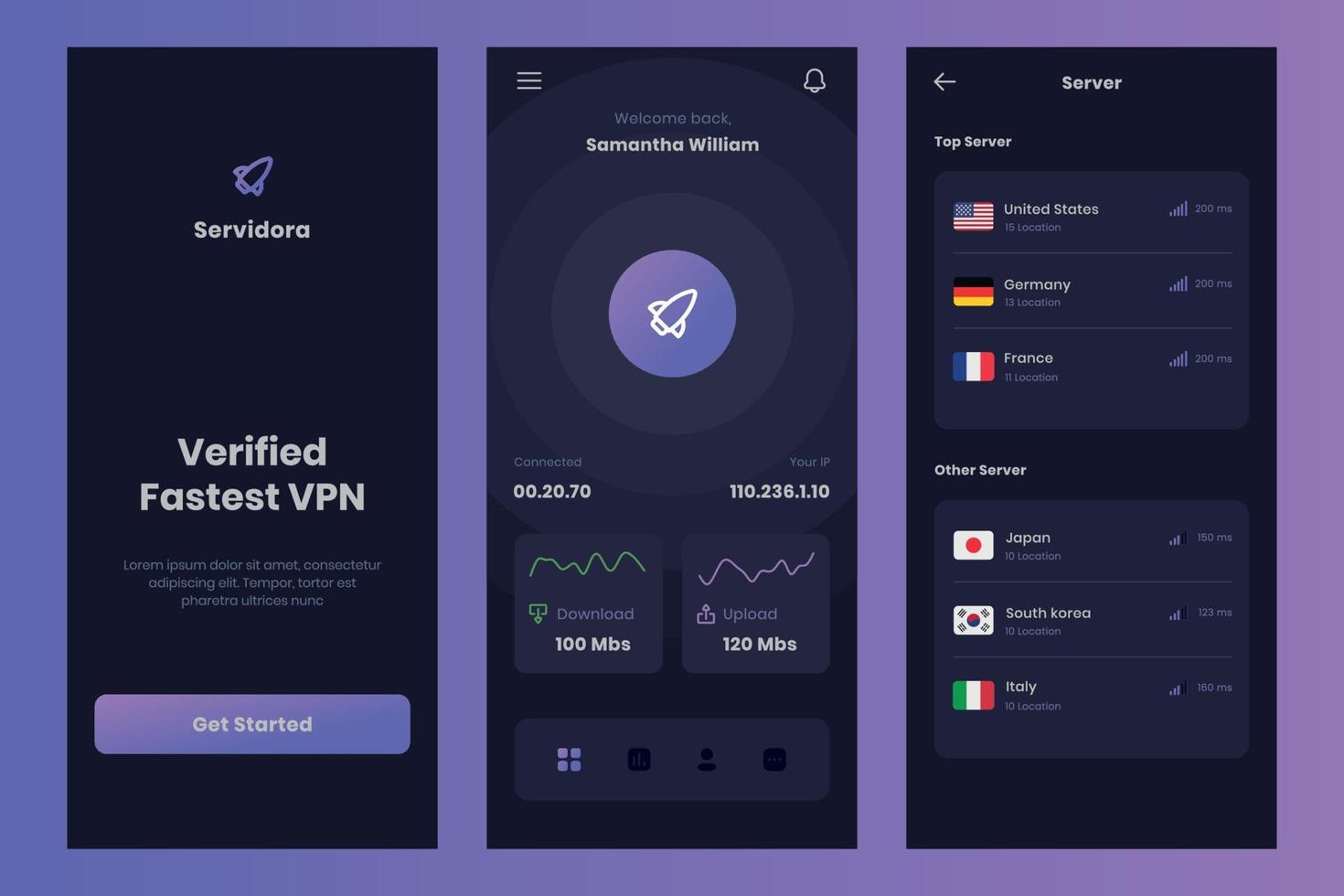 Layout smart vpn app mobile ui design template vector. Suitable designing for android and IOS vector