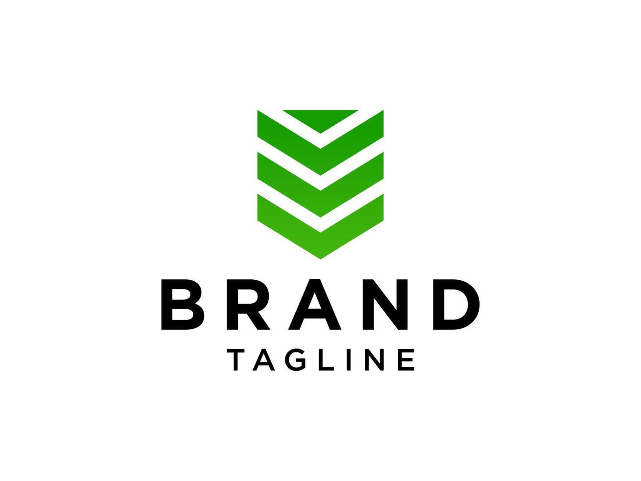 Security Logo. Green Geometric Shield Arrow Initial Letter M Military Symbol isolated on White Background. Flat Vector Logo Design Template Element