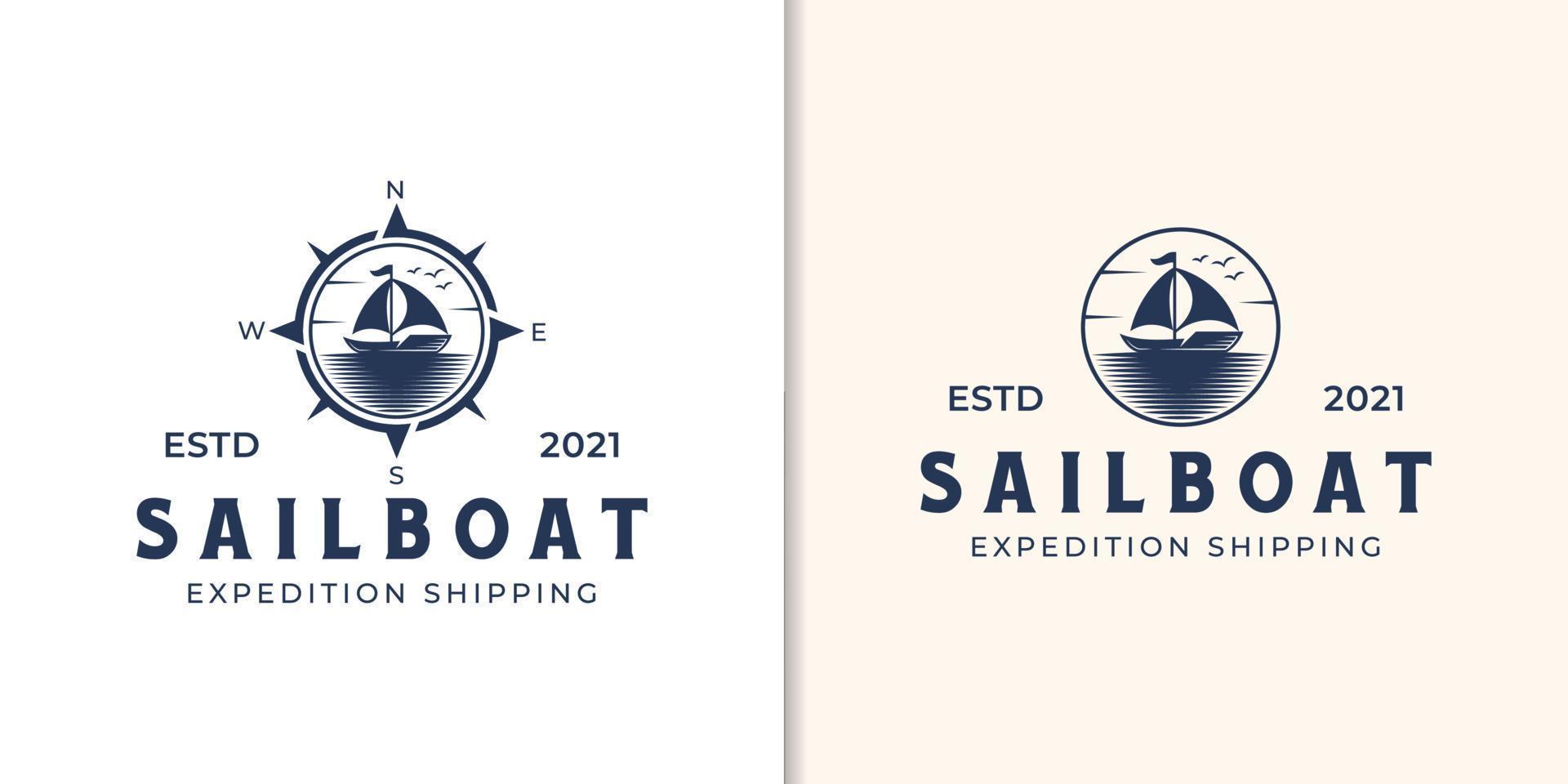 Simple sailing yacht silhouette logo with compass navigator design vector for business shipping, Fishing, fisherman