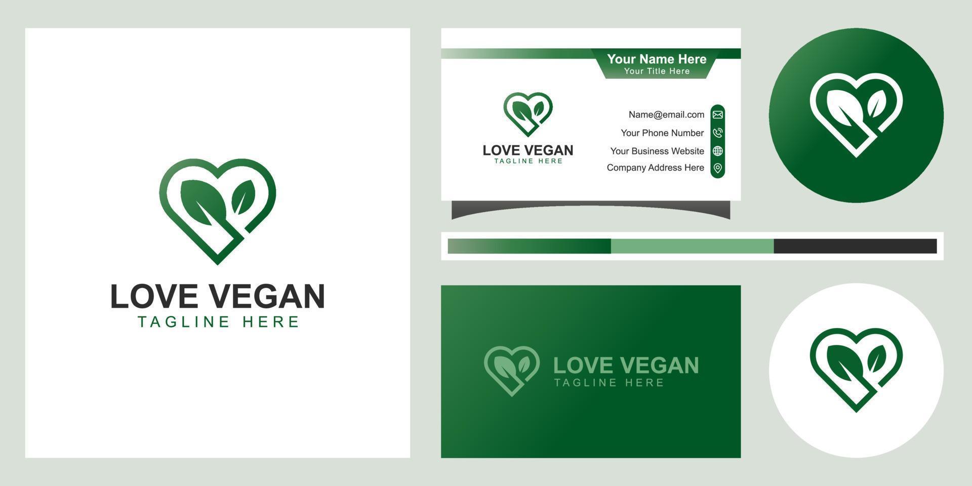 Me encanta la comida vegana deja un logo simple. cuidado de la hoja natural orgánico con icono de corazón símbolo de diseño vectorial para la belleza natural, saludable, cuidado de la piel vector