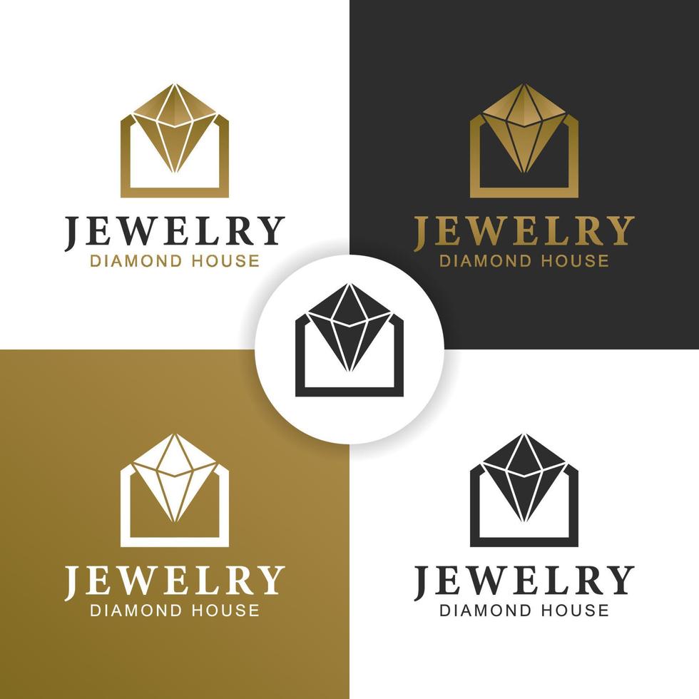 diamond house or store jewelry logo design with gold jewellery for finery shop logo vector