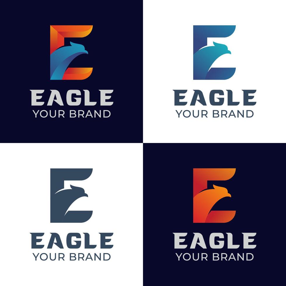 gradient logos of initial letter E with eagle symbol for delivery express logistics logo design vector