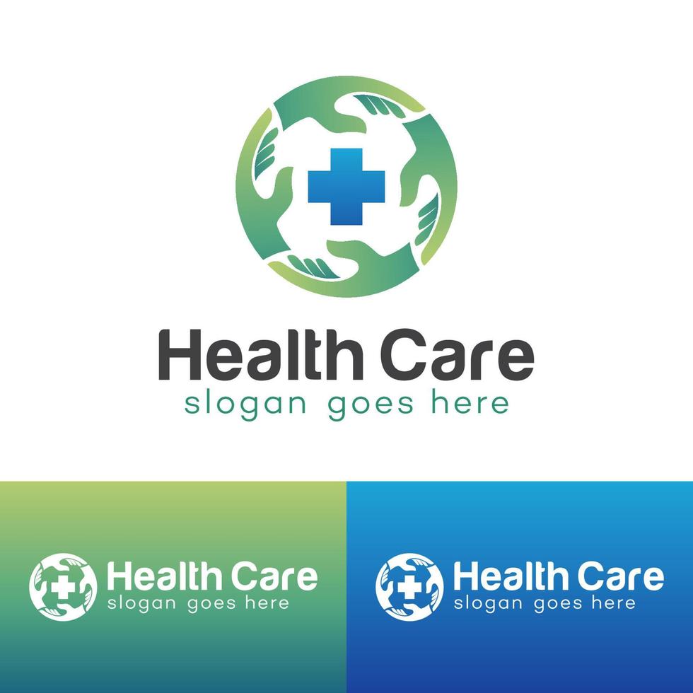 medical clinic with hand care nurse help support for health care logo design vector