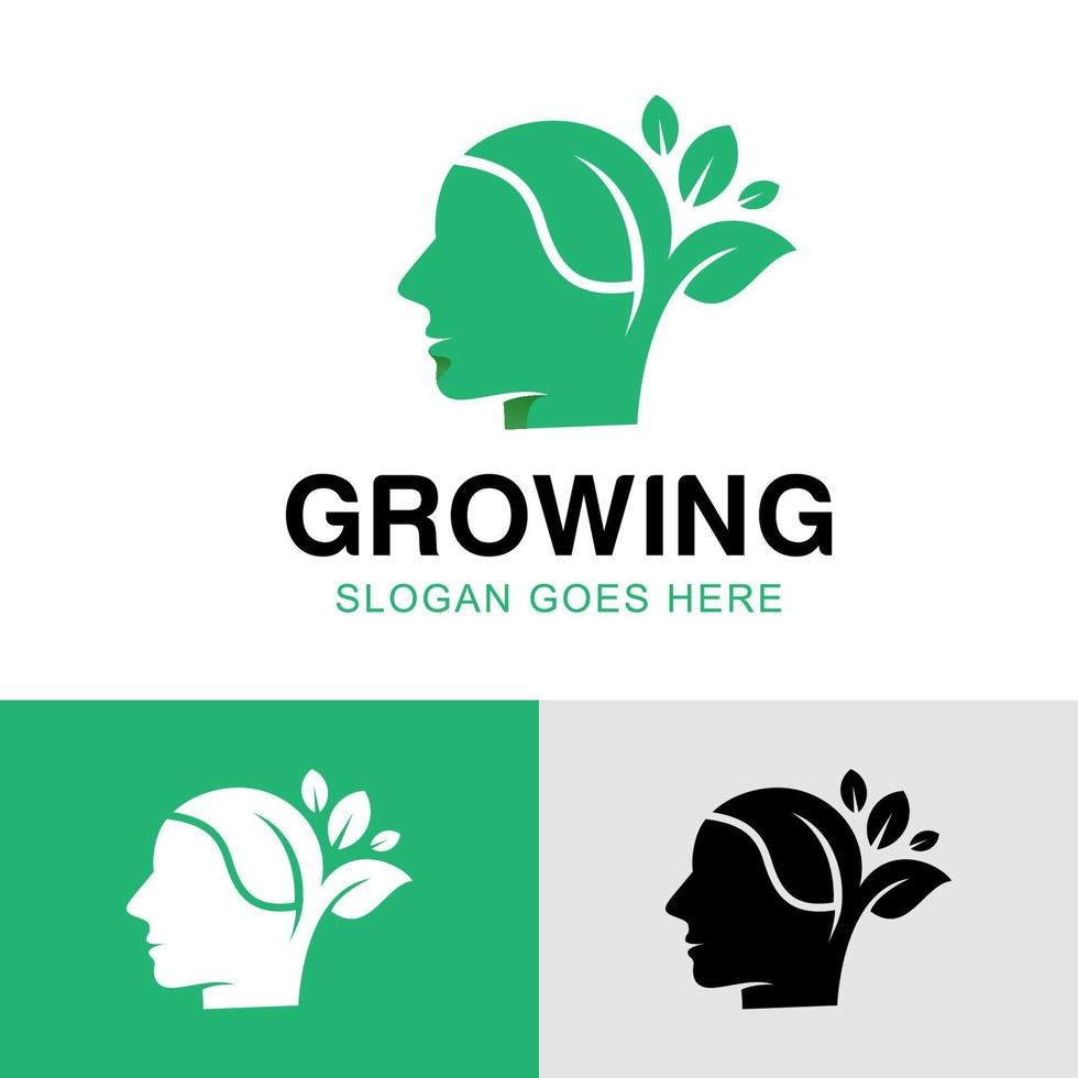 logotipos verdes naturales de mente en crecimiento con cara de personas, diseño de logotipo de crecimiento inteligente de arte de línea moderna vector