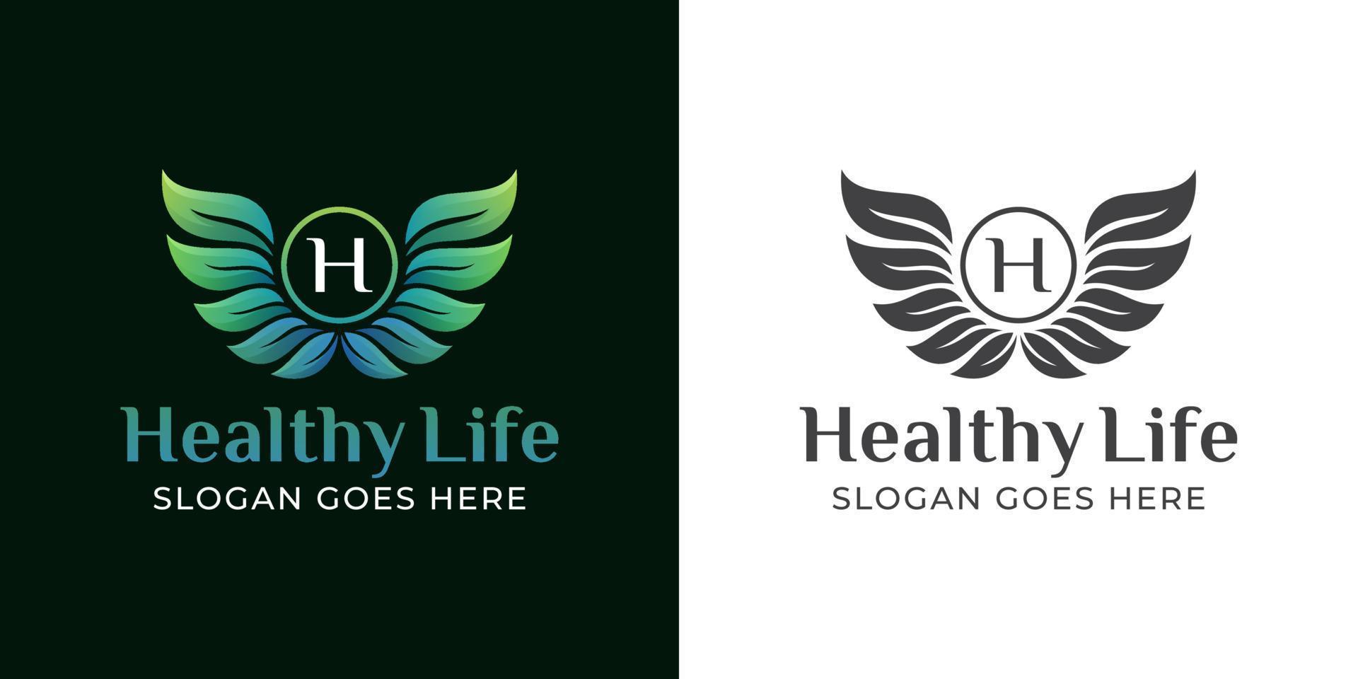angel wings with shield and leaves for healthy life, medical treatment or therapy in natural logo design vector