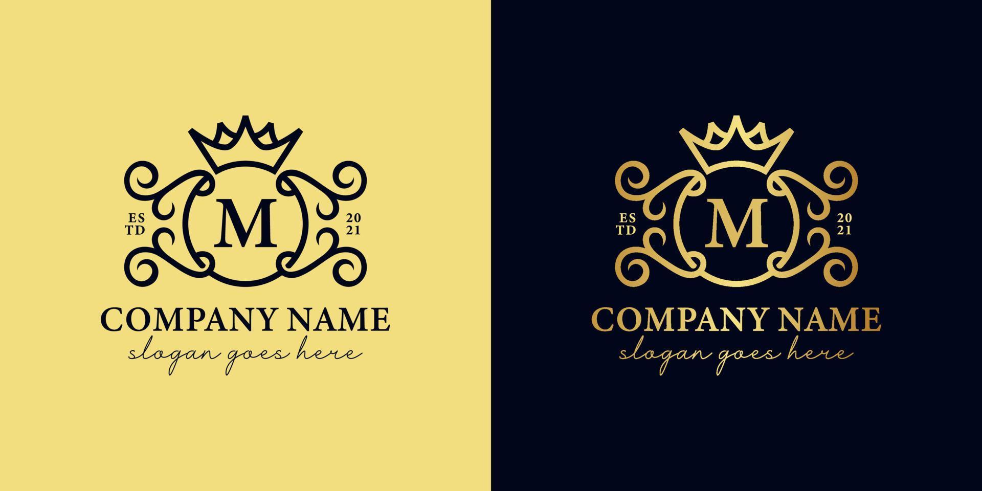 letras iniciales de lujo dorado m con adorno e icono de corona para su marca real, boda, logotipo decorativo vector