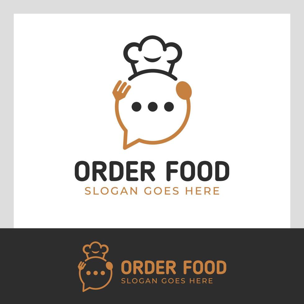 logotipo de pedido de alimentos en línea con vector de icono de chat de burbuja y diseño de concepto de chef de sombrero para plantilla de logotipo de catering