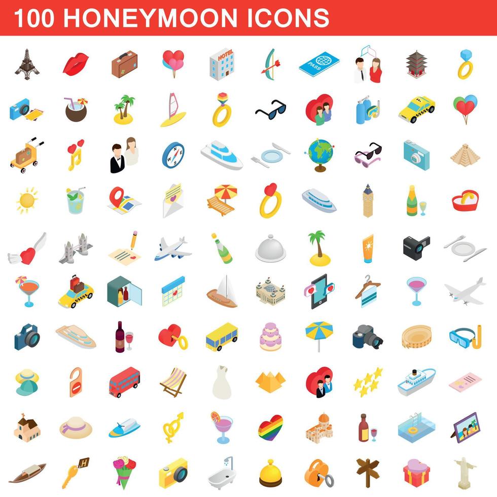 100 honeymoon icons set, isometric 3d style vector