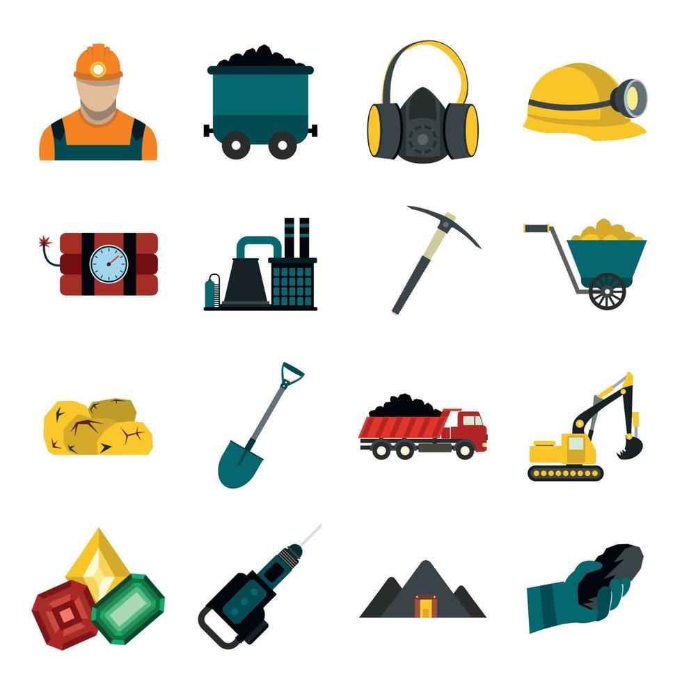 Mining icons flat set vector