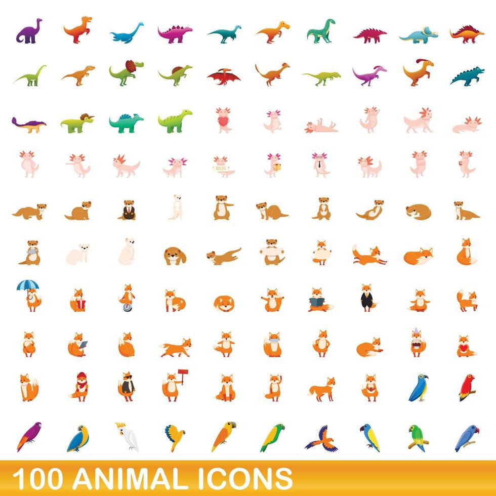 100 animales, conjunto de iconos de estilo de dibujos animados vector